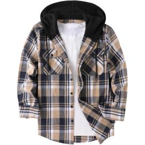 ZITY Men’s Flannel Hoodie Shirts Casual Button Down Plaid Shirt Jackets for Men Long Sleeve Stylish Hooded with Pocket(Navybeige)