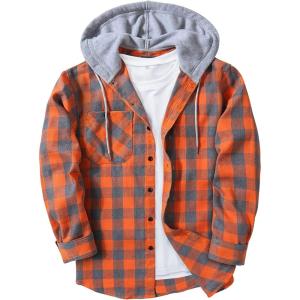 ZITY Men’s Flannel Hoodie Shirts Casual Button Down Plaid Shirt Jackets for Men Long Sleeve Stylish Hooded with Pocket(Orange Grey)
