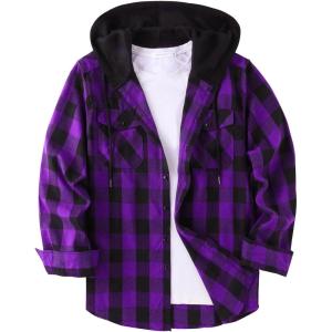 ZITY Men’s Flannel Hoodie Shirts Casual Button Down Plaid Shirt Jackets for Men Long Sleeve Stylish Hooded with Pocket(Purple)