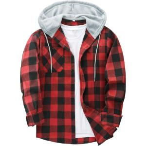 ZITY Men’s Flannel Hoodie Shirts Casual Button Down Plaid Shirt Jackets for Men Long Sleeve Stylish Hooded with Pocket(Red)