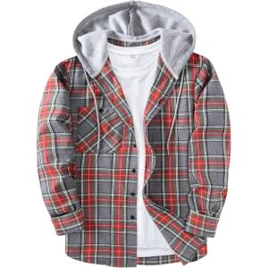 ZITY Men’s Flannel Hoodie Shirts Casual Button Down Plaid Shirt Jackets for Men Long Sleeve Stylish Hooded with Pocket(Redgray)