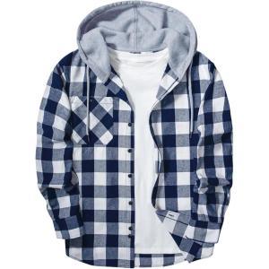 ZITY Men’s Flannel Hoodie Shirts Casual Button Down Plaid Shirt Jackets for Men Long Sleeve Stylish Hooded with Pocket(Royalblue White)