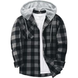 ZITY Men’s Flannel Hoodie Shirts Casual Button Down Plaid Shirt Jackets for Men Long Sleeve Stylish Hooded with Pocket(White)