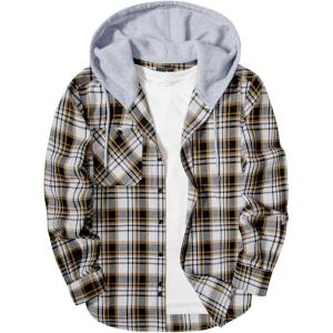 ZITY Men’s Flannel Hoodie Shirts Casual Button Down Plaid Shirt Jackets for Men Long Sleeve Stylish Hooded with Pocket(White Grey Brown)
