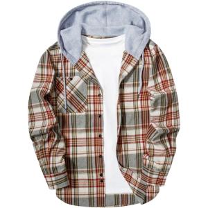 ZITY Men’s Flannel Hoodie Shirts Casual Button Down Plaid Shirt Jackets for Men Long Sleeve Stylish Hooded with Pocket(Wine Red Beige)
