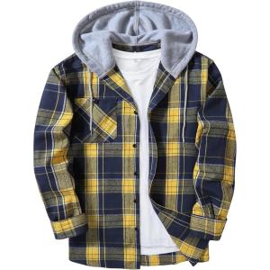 ZITY Men’s Flannel Hoodie Shirts Casual Button Down Plaid Shirt Jackets for Men Long Sleeve Stylish Hooded with Pocket(Yellow Dark Blue)