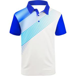 ZITY Mens Golf Shirt Short Sleeve Sport Moisture Wicking Performance Print Golf Polo Shirts for Men Collared Casual T-Shirt(White Blue Cyan)