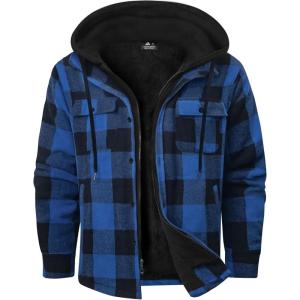 ZITY Mens Sherpa Flannel Shirt Jacket Plaid Fleece Lined Hoodie Full Zip Long Sleeve Winter Warm Coat for Men(Blue)