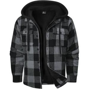 ZITY Mens Sherpa Flannel Shirt Jacket Plaid Fleece Lined Hoodie Full Zip Long Sleeve Winter Warm Coat for Men(Grey)