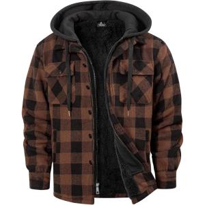 ZITY Mens Sherpa Flannel Shirt Jacket Plaid Fleece Lined Hoodie Full Zip Long Sleeve Winter Warm Coat for Men(Khaki)