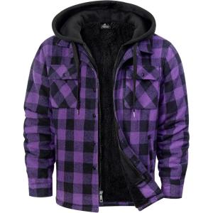 ZITY Mens Sherpa Flannel Shirt Jacket Plaid Fleece Lined Hoodie Full Zip Long Sleeve Winter Warm Coat for Men(Purple)