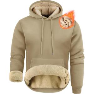 ZITY Men’s Sherpa Lined Hoodie Sweatshirts Heavy Pullover Kangaroo Pocket Winter Windproof Warm Fleece Hoodie Athletic(Light Brown)