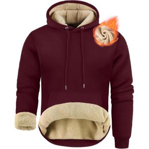 ZITY Men’s Sherpa Lined Hoodie Sweatshirts Heavy Pullover Kangaroo Pocket Winter Windproof Warm Fleece Hoodie Athletic(Wine Red)