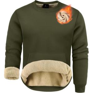 ZITY Men’s Sherpa Lined Sweatshirt Heavyweight Fleece Crewneck Sweatshirts Kangaroo Pocket Thick Winter Long Sleeve Pullover(Army Green)