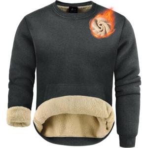 ZITY Men’s Sherpa Lined Sweatshirt Heavyweight Fleece Crewneck Sweatshirts Kangaroo Pocket Thick Winter Long Sleeve Pullover(Grey)