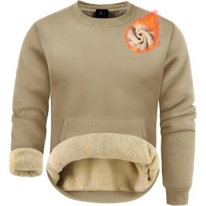 ZITY Men’s Sherpa Lined Sweatshirt Heavyweight Fleece Crewneck Sweatshirts Kangaroo Pocket Thick Winter Long Sleeve Pullover(Light Brown)