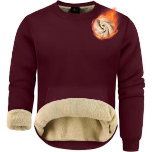 ZITY Men’s Sherpa Lined Sweatshirt Heavyweight Fleece Crewneck Sweatshirts Kangaroo Pocket Thick Winter Long Sleeve Pullover(Wine Red)
