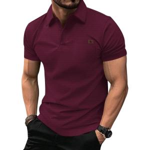 ZITY Mens Waffle Polo Shirts Casual Short Sleeve Texture Polo for Men Moisture Wicking Collared T-Shirt with Pocket(Wine Red)