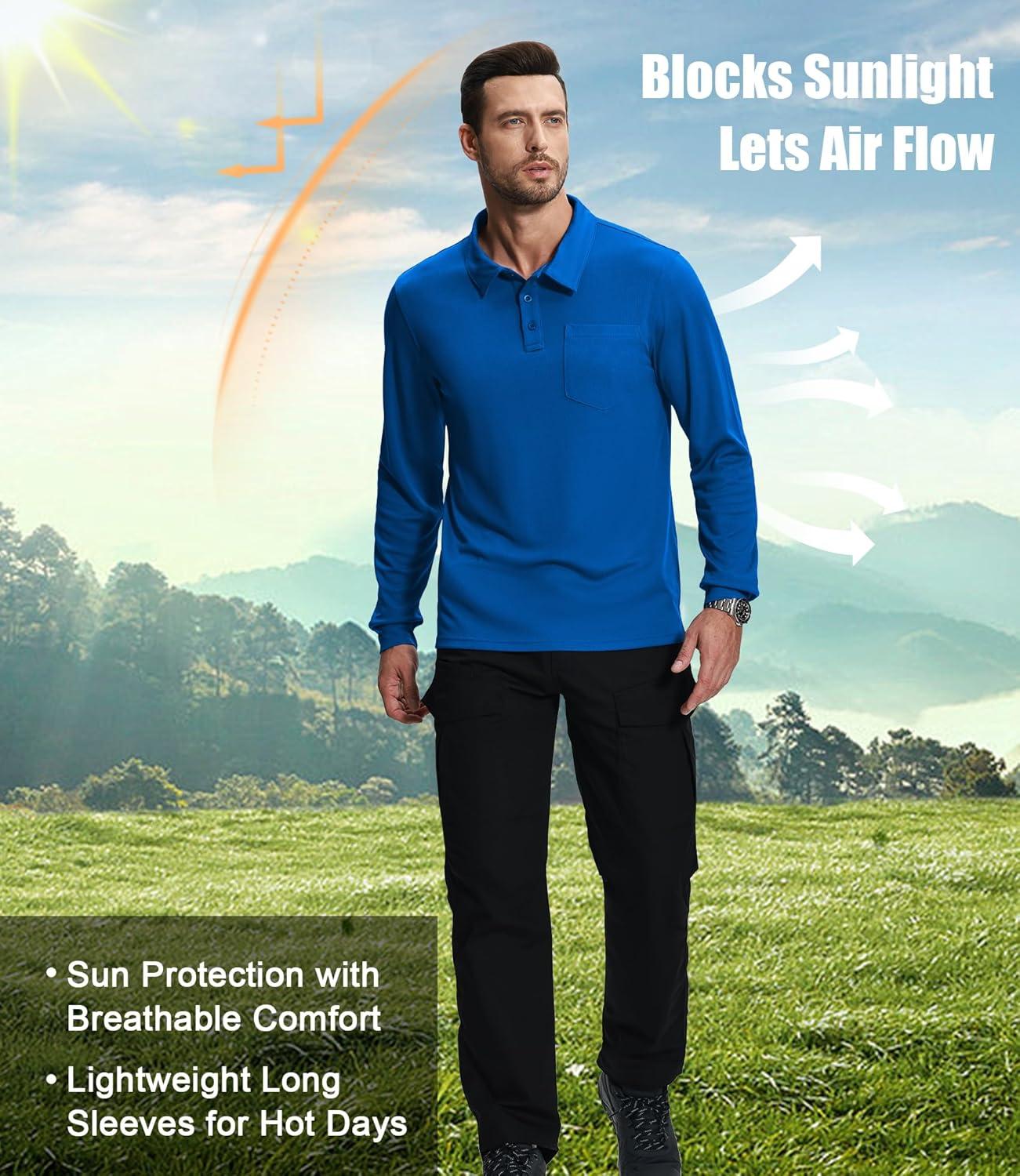 imageZITY 3 Pack Long Sleeve Polo Shirts for Men with Pocket Moisture Wicking Outdoor Workwear Office Casual Collared Shirts FallBlackroyal Bluedark Teal Blue