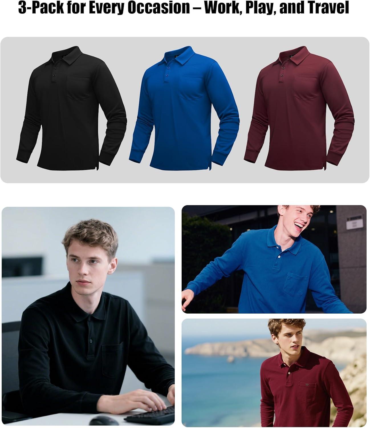 imageZITY 3 Pack Long Sleeve Polo Shirts for Men with Pocket Moisture Wicking Outdoor Workwear Office Casual Collared Shirts FallGreyarmy Greennavy