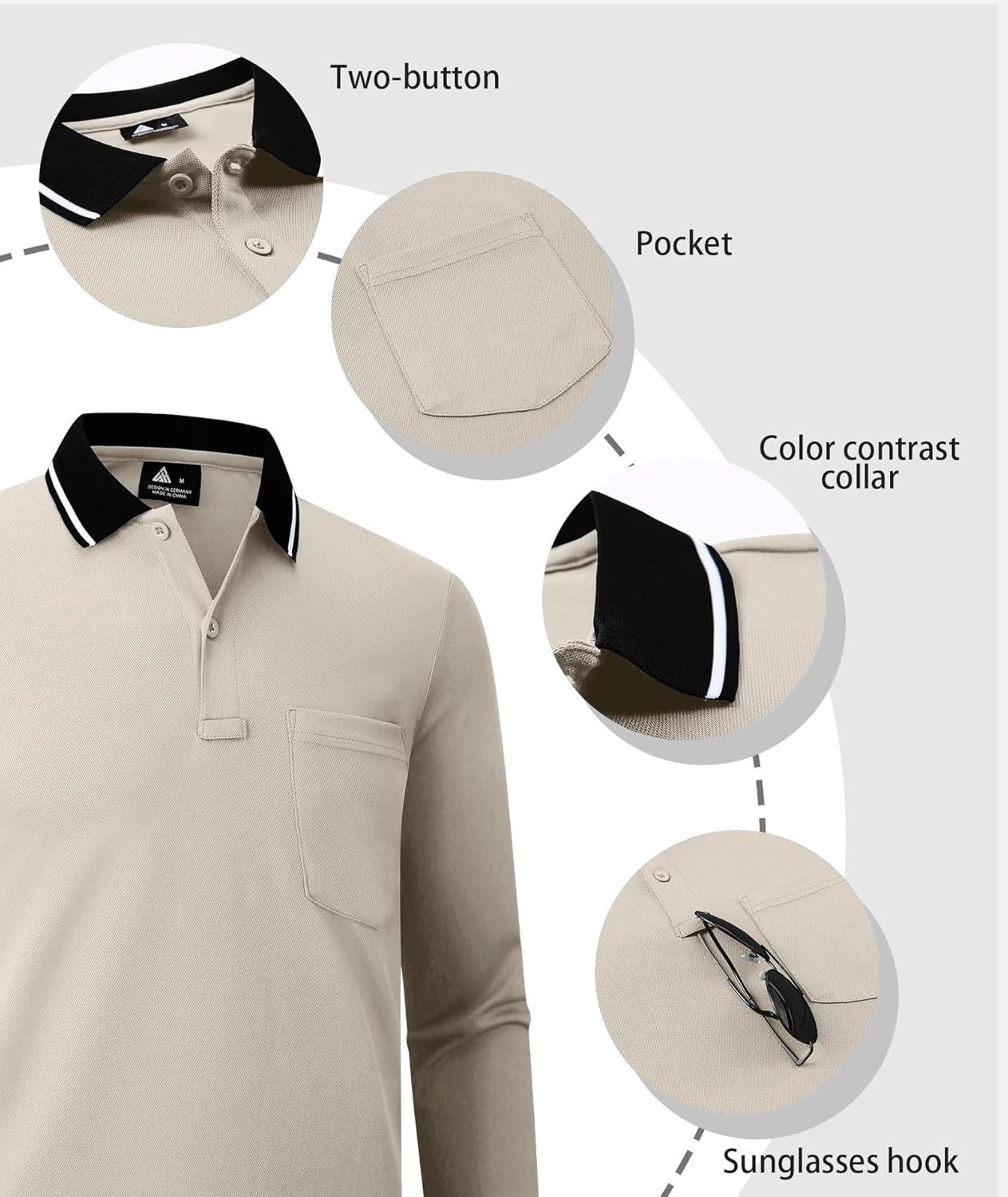 imageZITY 3 Pack Men Polo Shirts Long Sleeve with Pocket Golf Shirts Shirts for Men Casual Work Athletic Collared TShirtsBlack Lightkhaki White
