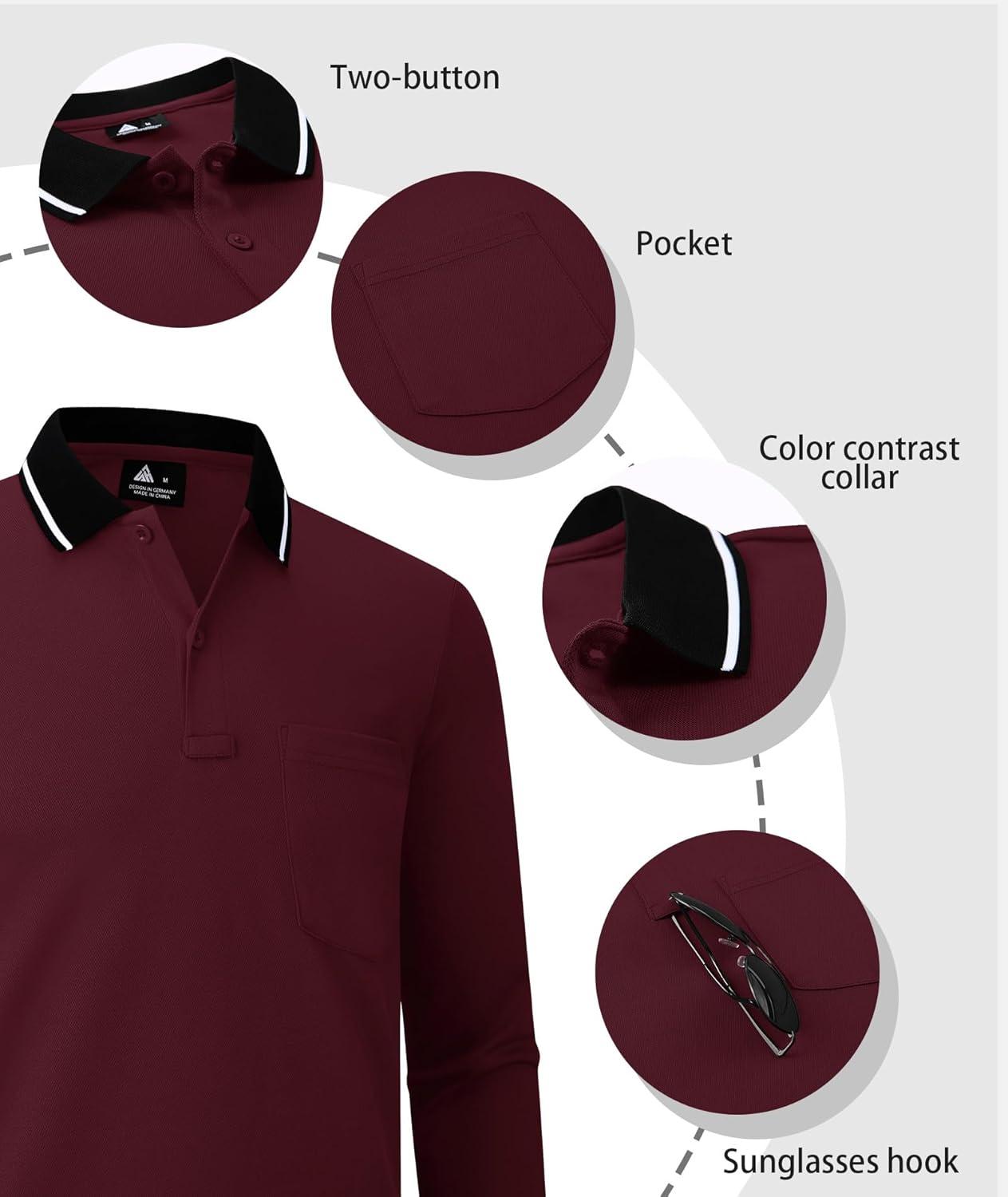 imageZITY 3 Pack Men Polo Shirts Long Sleeve with Pocket Golf Shirts Shirts for Men Casual Work Athletic Collared TShirtsBlack Winered Navy
