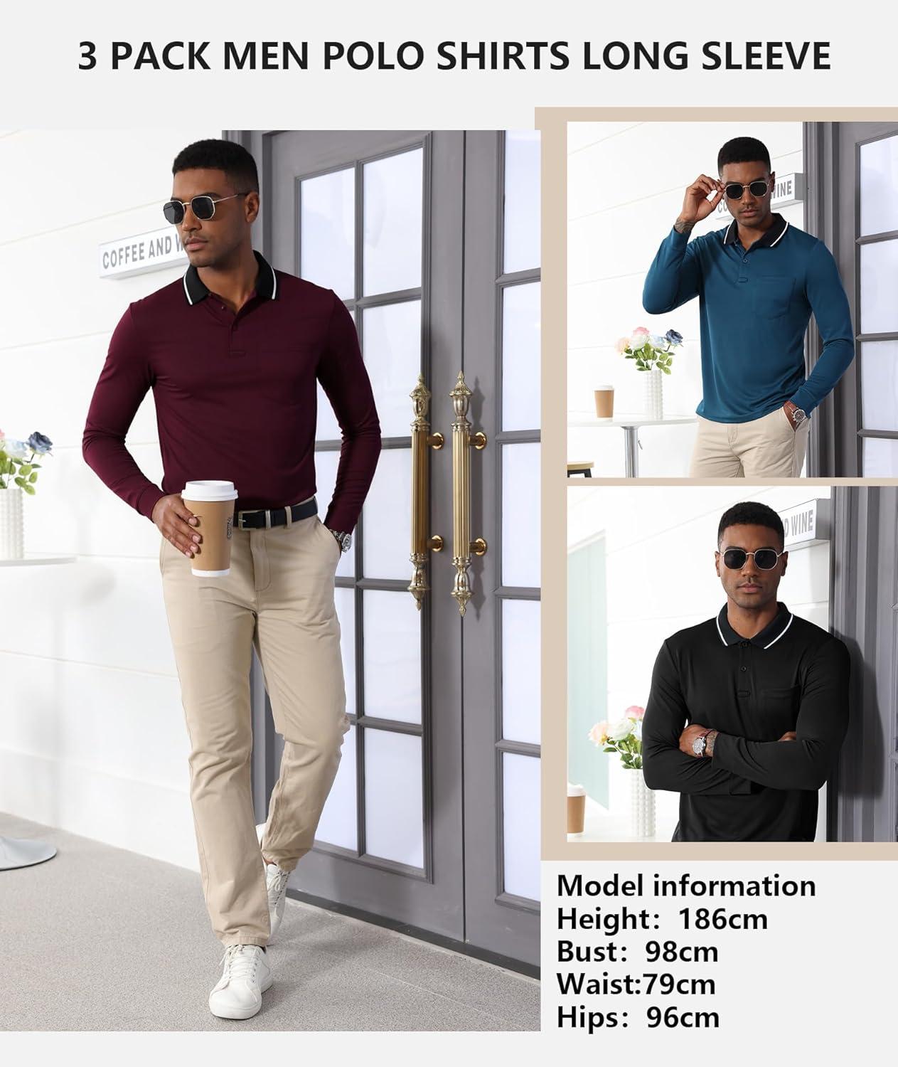 imageZITY 3 Pack Men Polo Shirts Long Sleeve with Pocket Golf Shirts Shirts for Men Casual Work Athletic Collared TShirtsGrey Orange Black