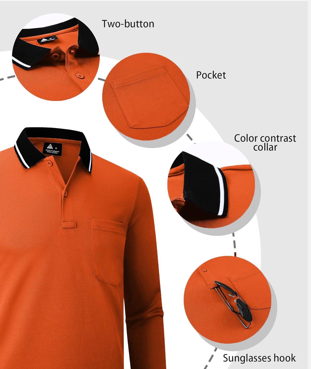 imageZITY 3 Pack Men Polo Shirts Long Sleeve with Pocket Golf Shirts Shirts for Men Casual Work Athletic Collared TShirtsGrey Orange Black