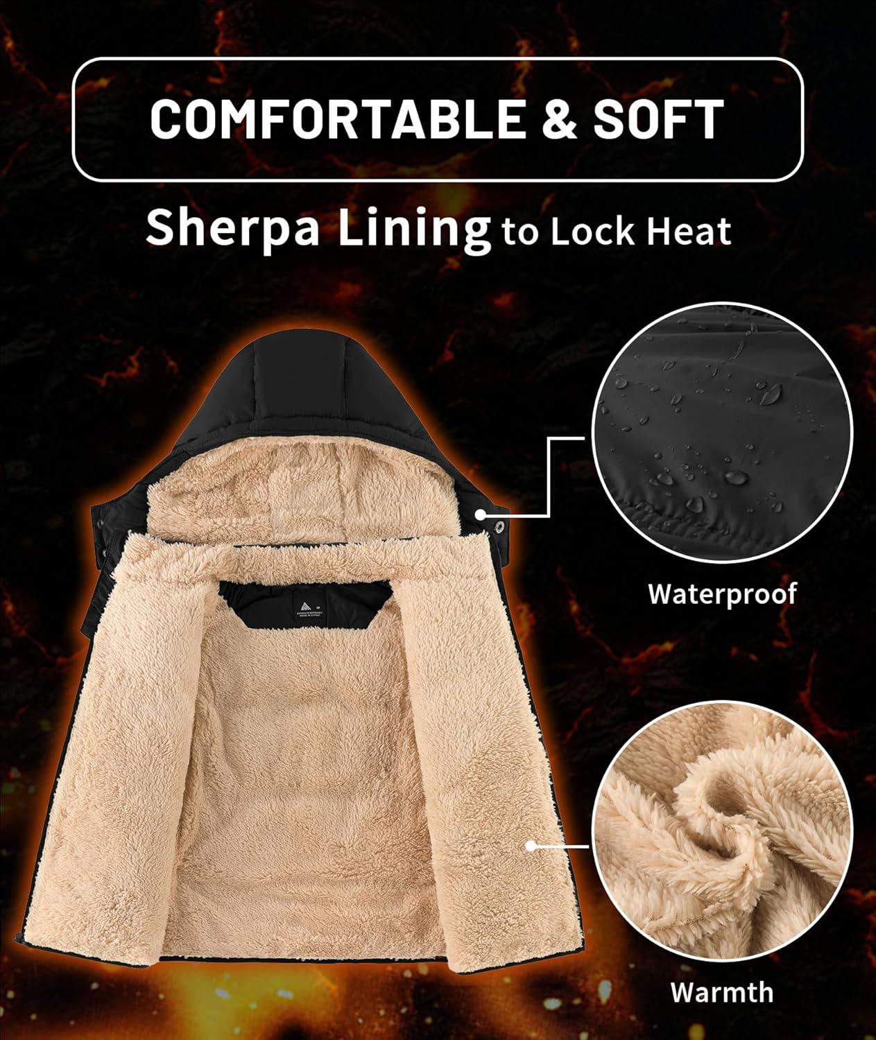 imageZITY Boys Winter Coat Thermal Puffer Jacket Warm Sherpa Fleece Lined WaterResistant Zip Outerwear Coat with Detachable HoodBlack