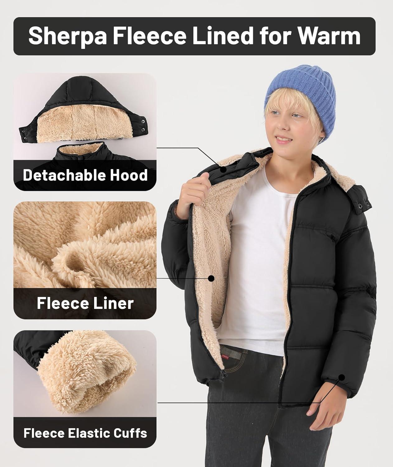 imageZITY Boys Winter Coat Thermal Puffer Jacket Warm Sherpa Fleece Lined WaterResistant Zip Outerwear Coat with Detachable HoodBlack
