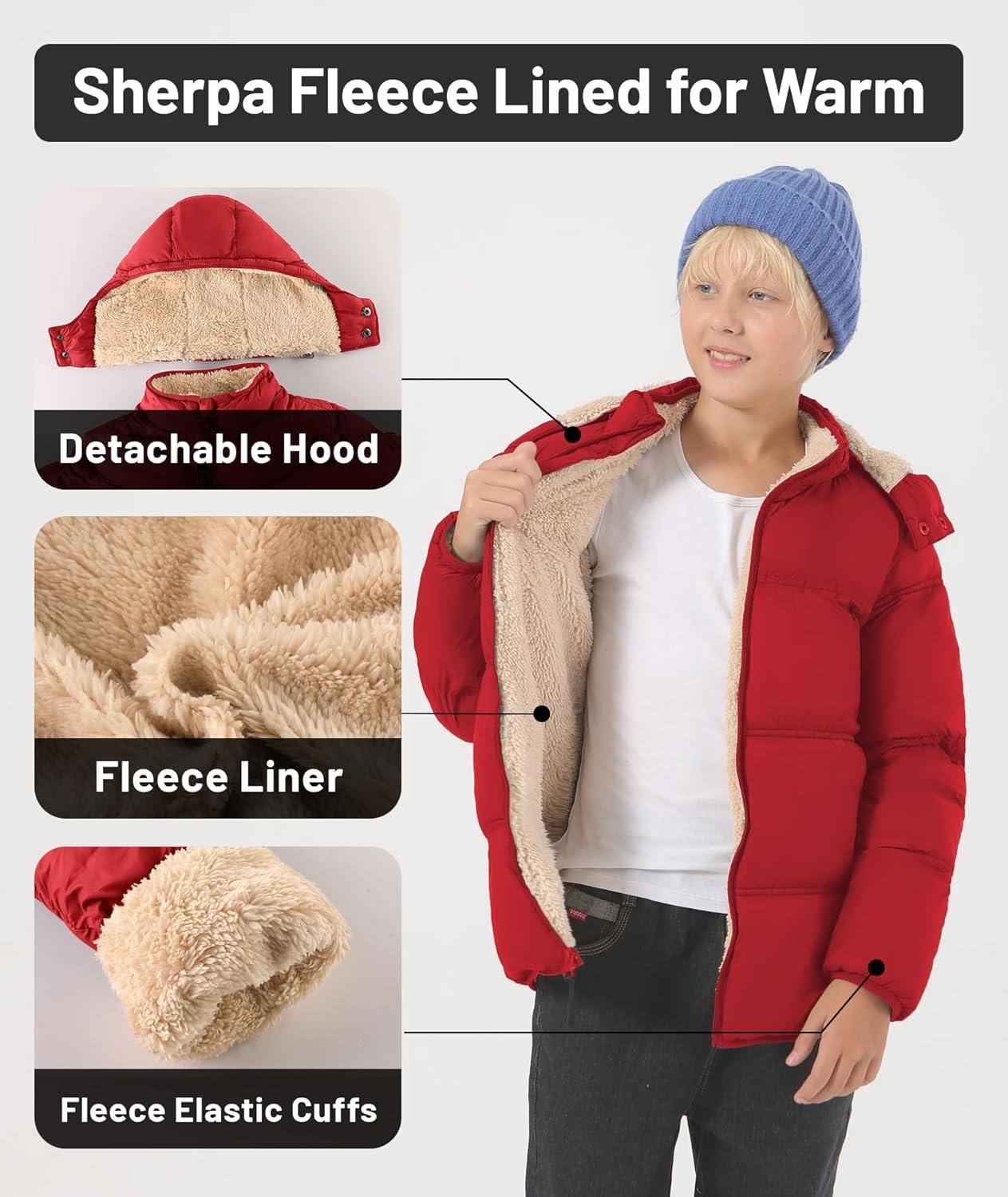 imageZITY Boys Winter Coat Thermal Puffer Jacket Warm Sherpa Fleece Lined WaterResistant Zip Outerwear Coat with Detachable HoodRed