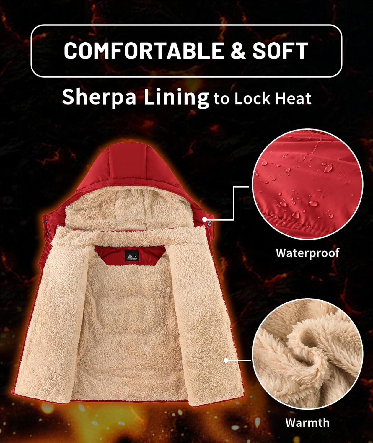imageZITY Boys Winter Coat Thermal Puffer Jacket Warm Sherpa Fleece Lined WaterResistant Zip Outerwear Coat with Detachable HoodRed