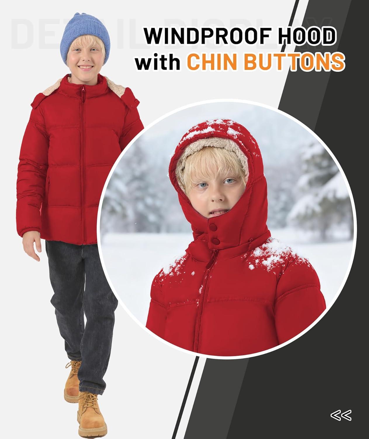 imageZITY Boys Winter Coat Thermal Puffer Jacket Warm Sherpa Fleece Lined WaterResistant Zip Outerwear Coat with Detachable HoodRed