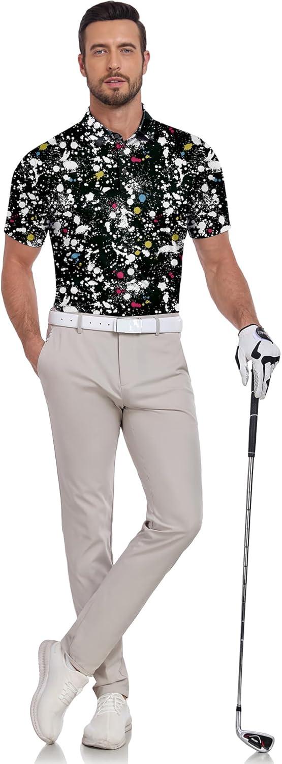 imageZITY Mens Golf Shirts Short Sleeve Print Patterns Performance Moisture Wicking Polo ShirtBlack Airbrush