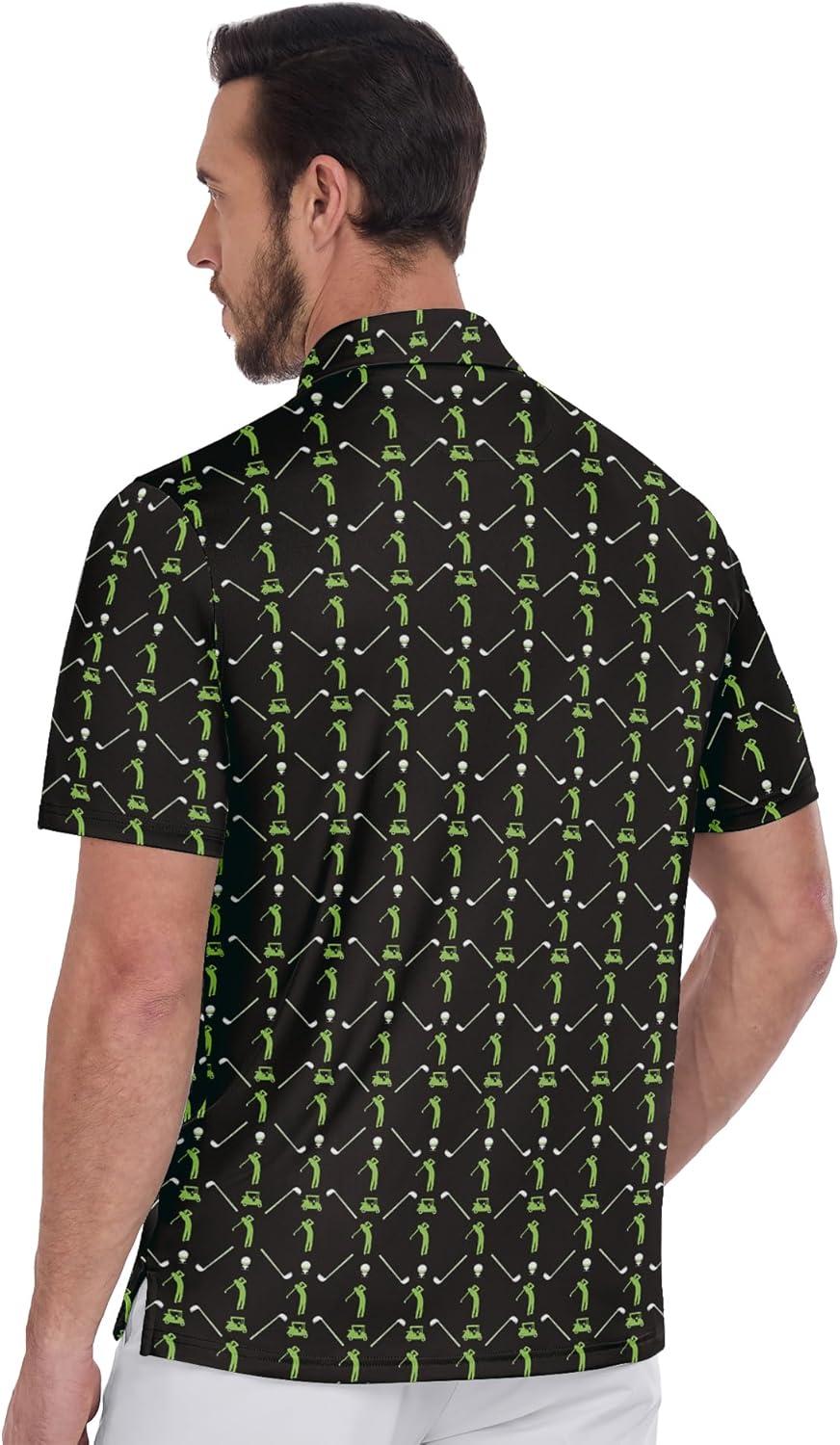 imageZITY Mens Golf Shirts Short Sleeve Print Patterns Performance Moisture Wicking Polo ShirtBlack Green Golf