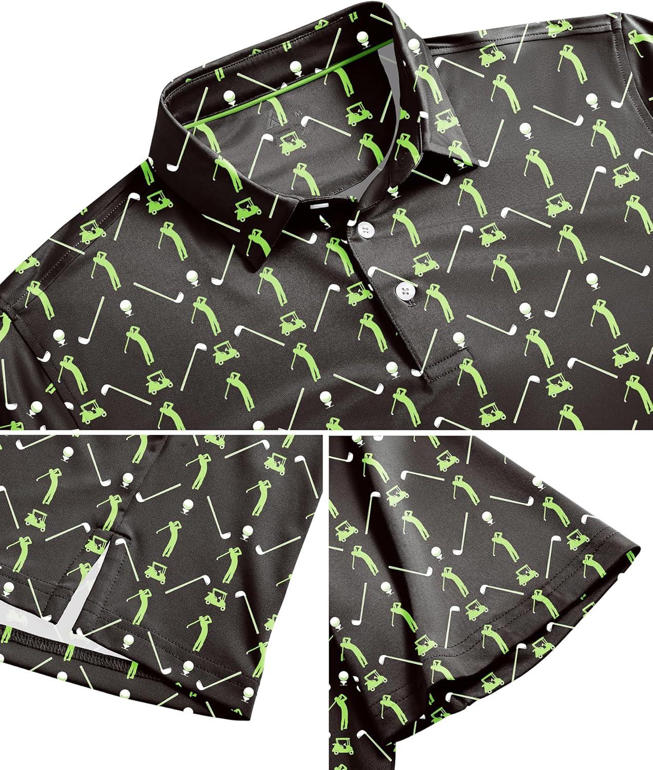 imageZITY Mens Golf Shirts Short Sleeve Print Patterns Performance Moisture Wicking Polo ShirtBlack Green Golf