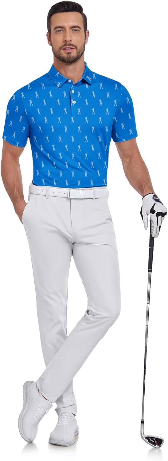imageZITY Mens Golf Shirts Short Sleeve Print Patterns Performance Moisture Wicking Polo ShirtBlue Golf