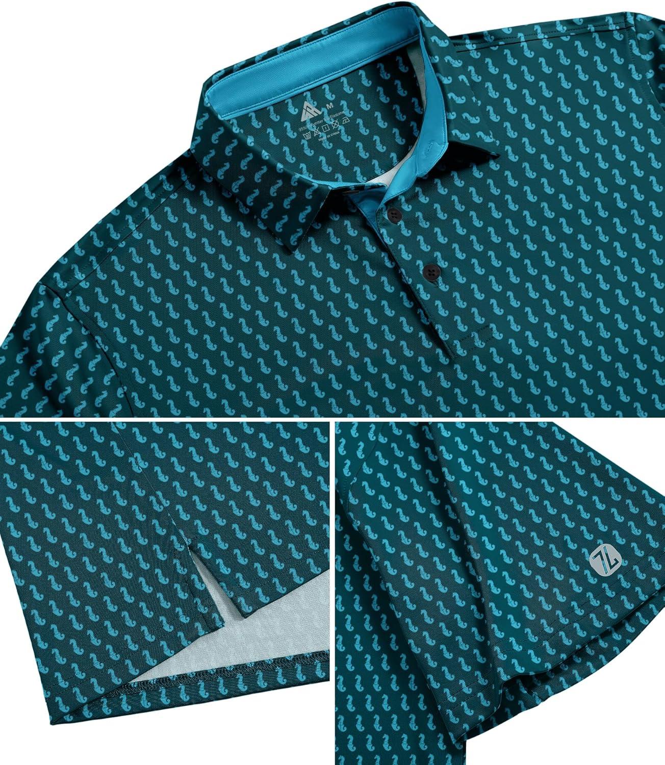 imageZITY Mens Golf Shirts Short Sleeve Print Patterns Performance Moisture Wicking Polo ShirtBlue Green Seahorse