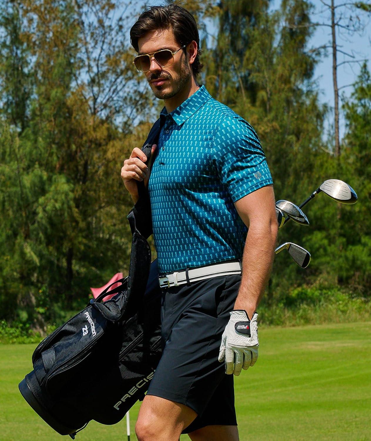 imageZITY Mens Golf Shirts Short Sleeve Print Patterns Performance Moisture Wicking Polo ShirtBlue Green Seahorse