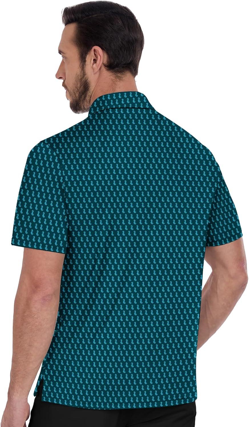 imageZITY Mens Golf Shirts Short Sleeve Print Patterns Performance Moisture Wicking Polo ShirtBlue Green Seahorse