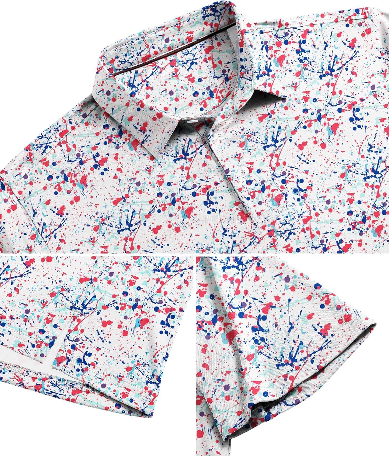 imageZITY Mens Golf Shirts Short Sleeve Print Patterns Performance Moisture Wicking Polo ShirtBlue Pink Splatters Paint