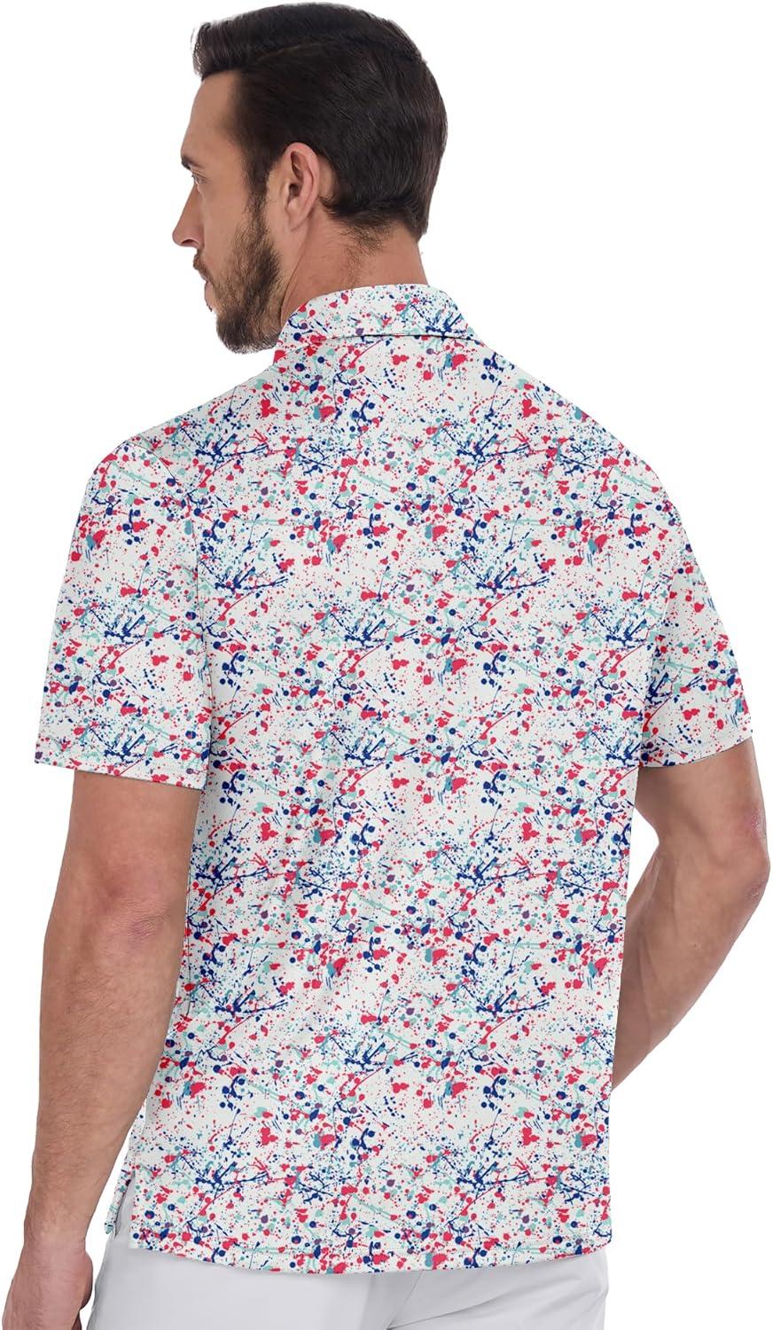 imageZITY Mens Golf Shirts Short Sleeve Print Patterns Performance Moisture Wicking Polo ShirtBlue Pink Splatters Paint