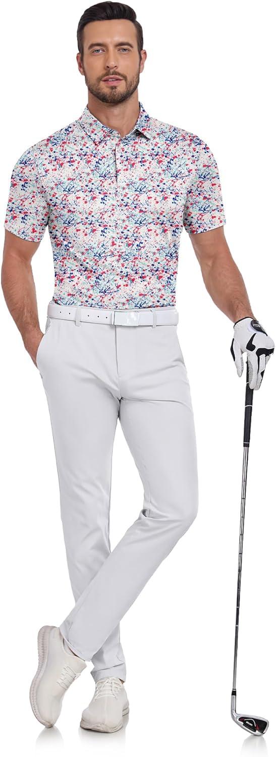 imageZITY Mens Golf Shirts Short Sleeve Print Patterns Performance Moisture Wicking Polo ShirtBlue Pink Splatters Paint