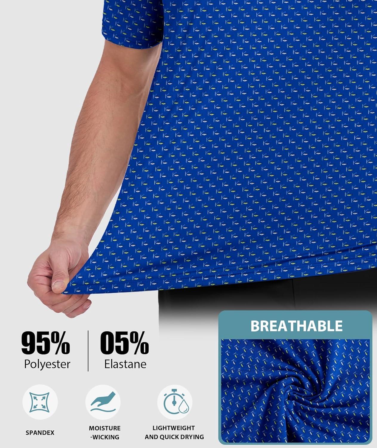 imageZITY Mens Golf Shirts Short Sleeve Print Patterns Performance Moisture Wicking Polo ShirtBlue Sea Fish