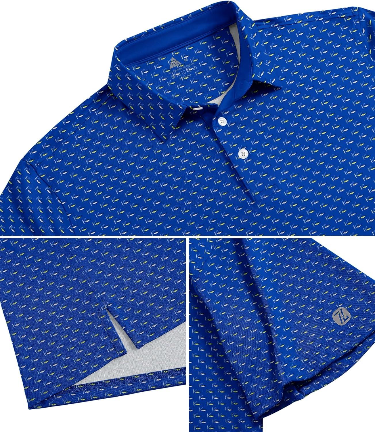 imageZITY Mens Golf Shirts Short Sleeve Print Patterns Performance Moisture Wicking Polo ShirtBlue Sea Fish
