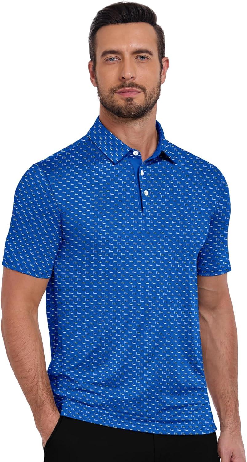 imageZITY Mens Golf Shirts Short Sleeve Print Patterns Performance Moisture Wicking Polo ShirtBlue Sea Fish