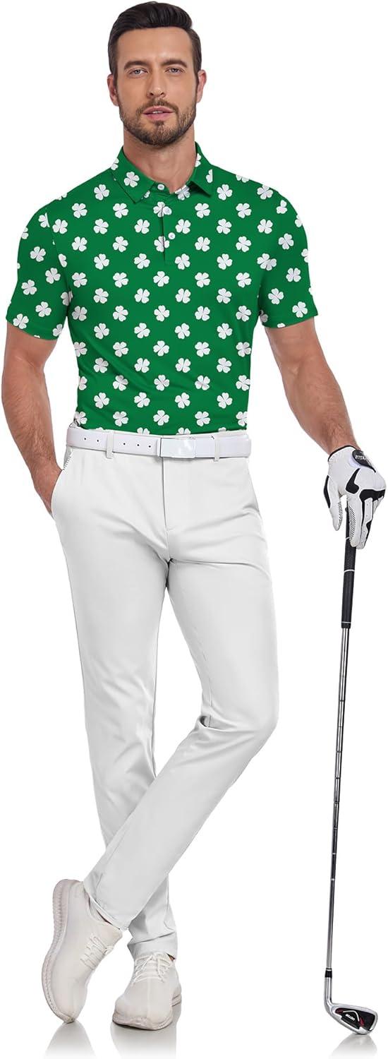 imageZITY Mens Golf Shirts Short Sleeve Print Patterns Performance Moisture Wicking Polo ShirtGreen Clover