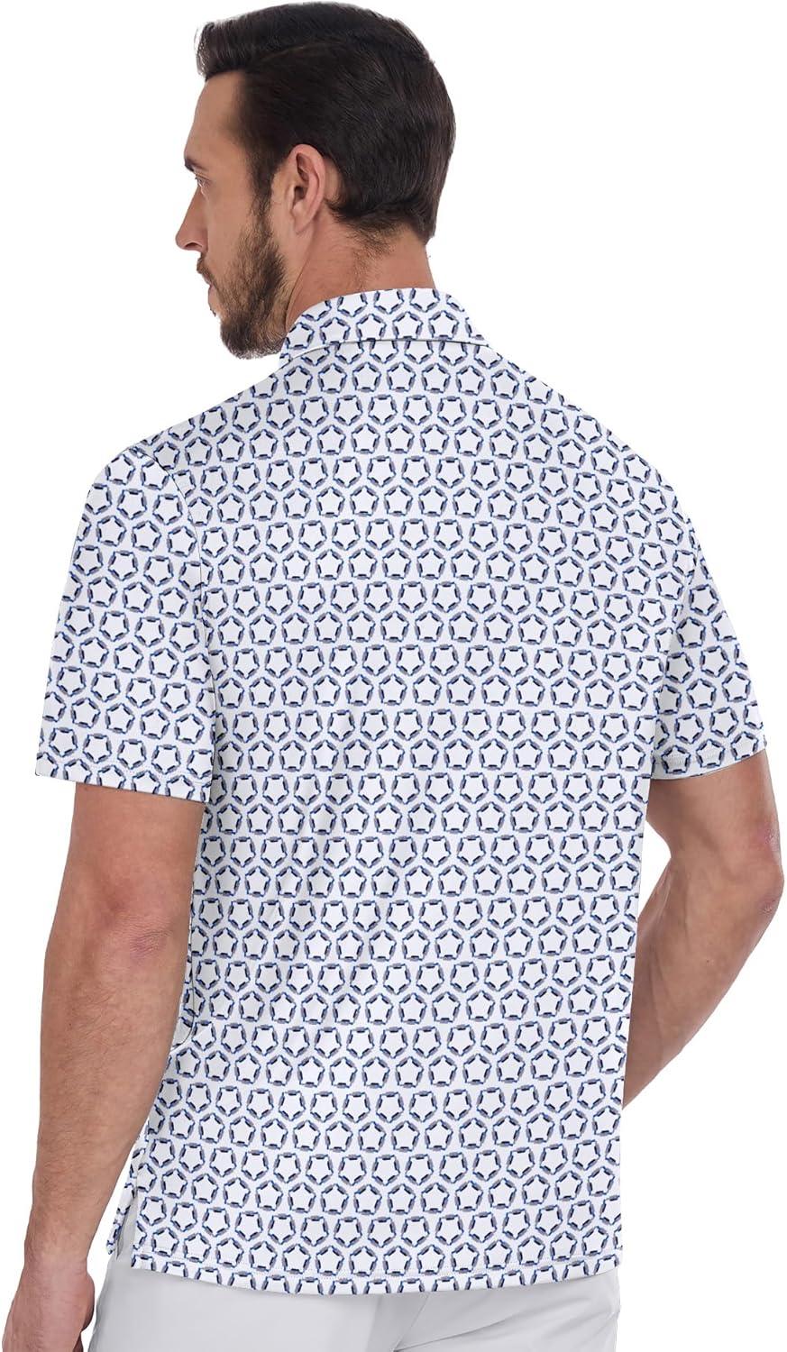 imageZITY Mens Golf Shirts Short Sleeve Print Patterns Performance Moisture Wicking Polo ShirtGrey Blue Pentagon