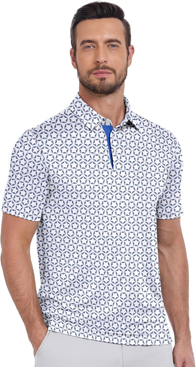 imageZITY Mens Golf Shirts Short Sleeve Print Patterns Performance Moisture Wicking Polo ShirtGrey Blue Pentagon