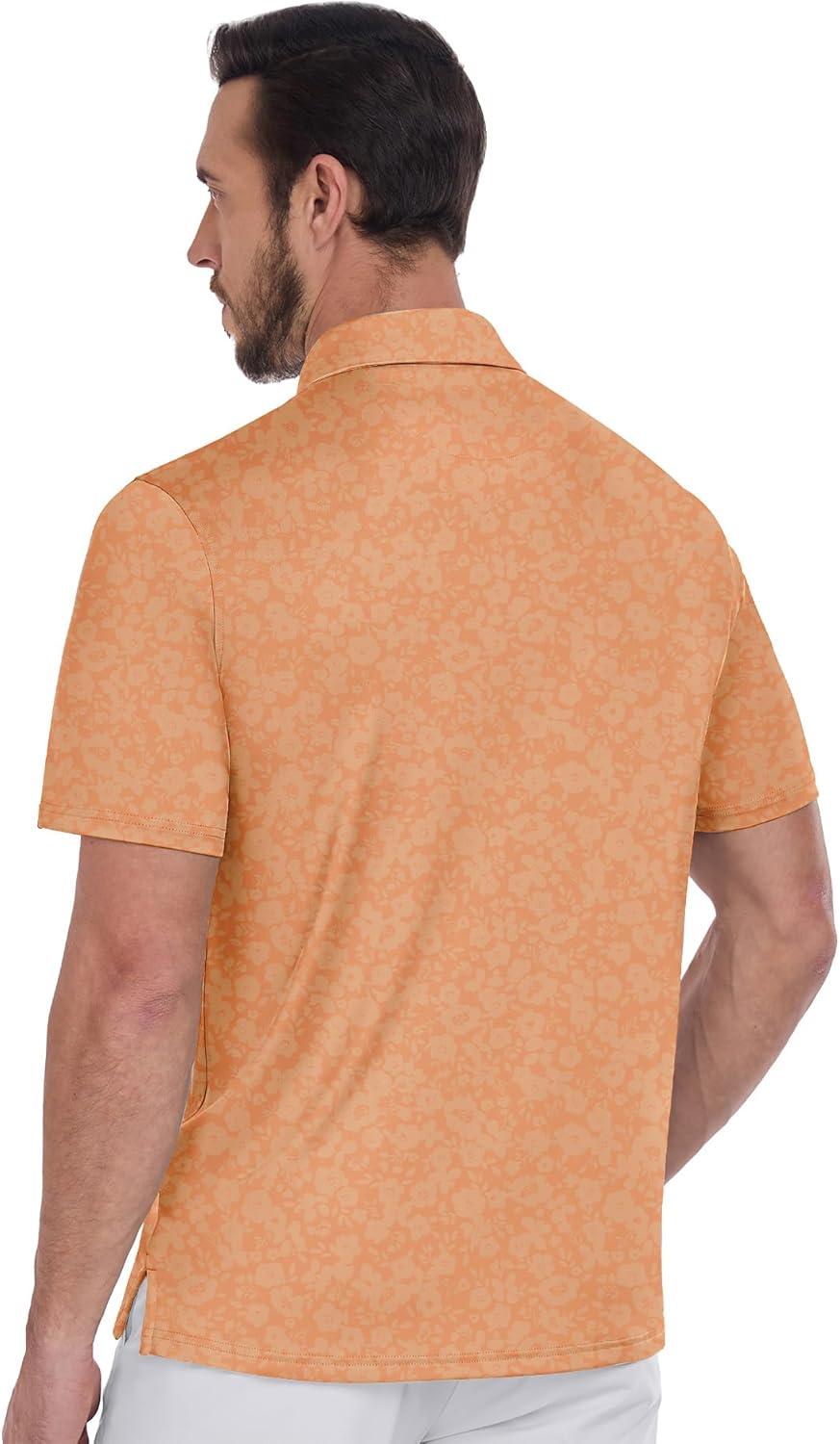 imageZITY Mens Golf Shirts Short Sleeve Print Patterns Performance Moisture Wicking Polo ShirtLight Orange Flower